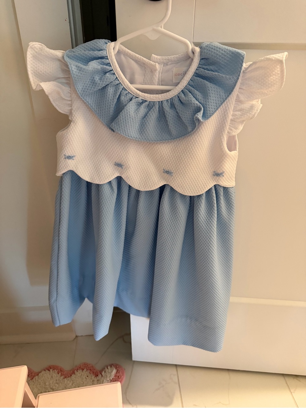 Blue and White Ruffled Yoke Girls Formal Dress